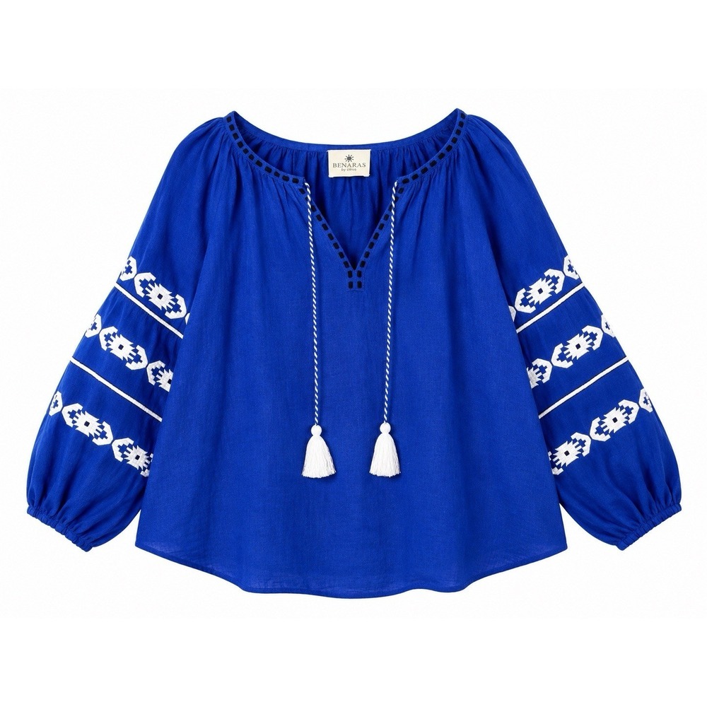 Benaras by Citrus Blouse S Cobalt Linen Boho Coastal Embroidered Balloon Sleeve